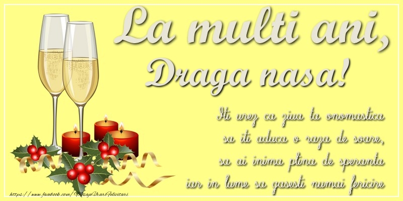 Ziua Numelui La multi ani, draga nasa! Iti urez ca ziua ta onomastica sa iti aduca o raza de soare, sa ai inima plina de speranta iar in lume sa gasesti numai fericire