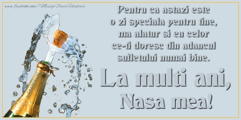 Felicitari de Ziua Numelui pentru Nasa - Pentru ca astazi este o zi speciala pentru tine, ma alatur si eu celor ce-ti doresc din adancul sufletului numai bine. La multi an, nasa mea