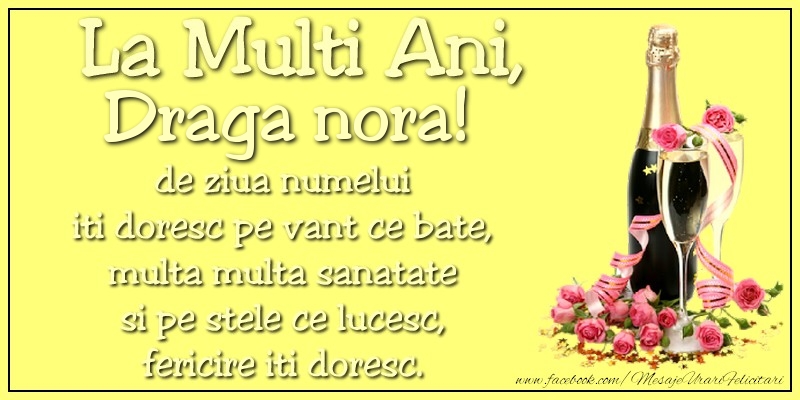 Felicitari de Ziua Numelui pentru Nora - La multi ani, draga nora! de ziua numelui iti doresc pe vant ce bate, multa multa sanatate si pe stele ce lucesc, fericire iti doresc.