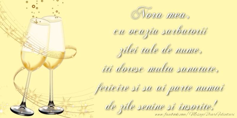 Felicitari de Ziua Numelui pentru Nora - Nora mea cu ocazia sarbatorii zilei tale de nume, iti doresc multa sanatate, fericire si sa ai parte numai de zile senine si insorite!