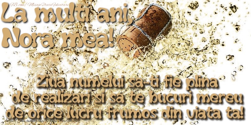 Felicitari de Ziua Numelui pentru Nora - La multi ani, nora mea! Ziua numelui sa-ti fie plina de realizari si sa te bucuri mereu de orice lucru frumos din viata ta!