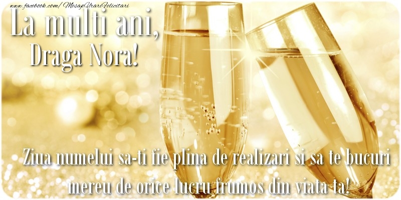 Felicitari de Ziua Numelui pentru Nora - La multi ani, draga nora! Ziua numelui sa-ti fie plina de realizari si sa te bucuri mereu de orice lucru frumos din viata ta!