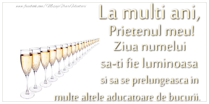 Felicitari de Ziua Numelui pentru Prieten - La multi ani, prietenul meu Ziua numelui sa-ti fie luminoasa si sa se prelungeasca in  multe altele aducatoare de bucurii.