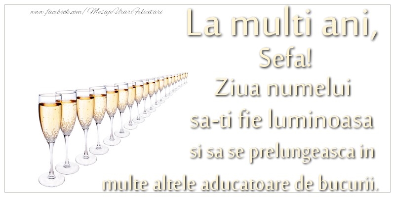 Felicitari de Ziua Numelui pentru Sefa - La multi ani, sefa Ziua numelui sa-ti fie luminoasa si sa se prelungeasca in  multe altele aducatoare de bucurii.