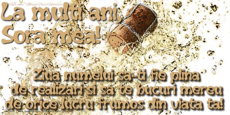 Felicitari de Ziua Numelui pentru Sora - La multi ani, sora mea! Ziua numelui sa-ti fie plina de realizari si sa te bucuri mereu de orice lucru frumos din viata ta!
