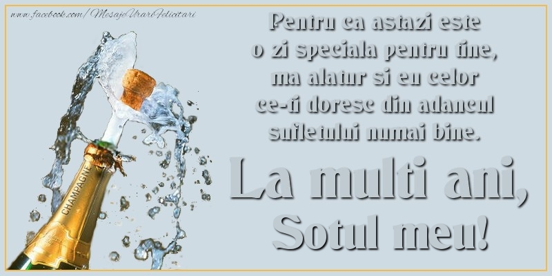 Felicitari de Ziua Numelui pentru Sot - Pentru ca astazi este o zi speciala pentru tine, ma alatur si eu celor ce-ti doresc din adancul sufletului numai bine. La multi an, sotul meu