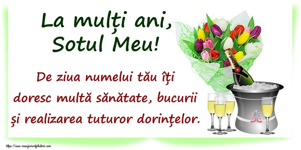 Felicitari de Ziua Numelui pentru Sot - La mulți ani, sotul meu! De ziua numelui tău îți doresc multă sănătate, bucurii și realizarea tuturor dorințelor.
