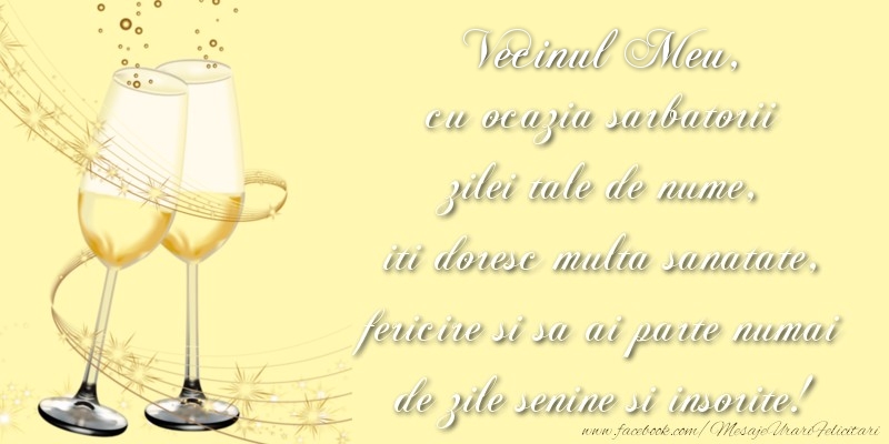 Felicitari de Ziua Numelui pentru Vecin - Vecinul meu cu ocazia sarbatorii zilei tale de nume, iti doresc multa sanatate, fericire si sa ai parte numai de zile senine si insorite!