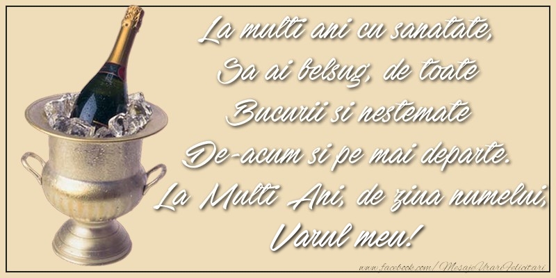 Felicitari de Ziua Numelui pentru Verisor - La multi ani cu sanatate,  Sa ai belsug, de toate  Bucurii si nestemate  De-acum si pe mai departe.  La Multi Ani, de ziua numelui, varul meu