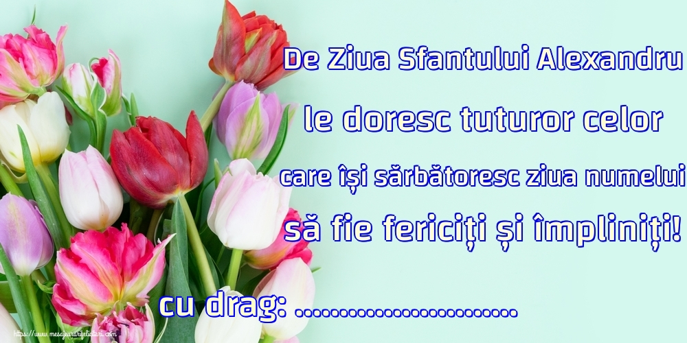 Felicitari personalizate de Sfantul Alexandru - De Ziua Sfantului Alexandru le doresc tuturor celor care își sărbătoresc ziua numelui să fie fericiți și împliniți! ...!
