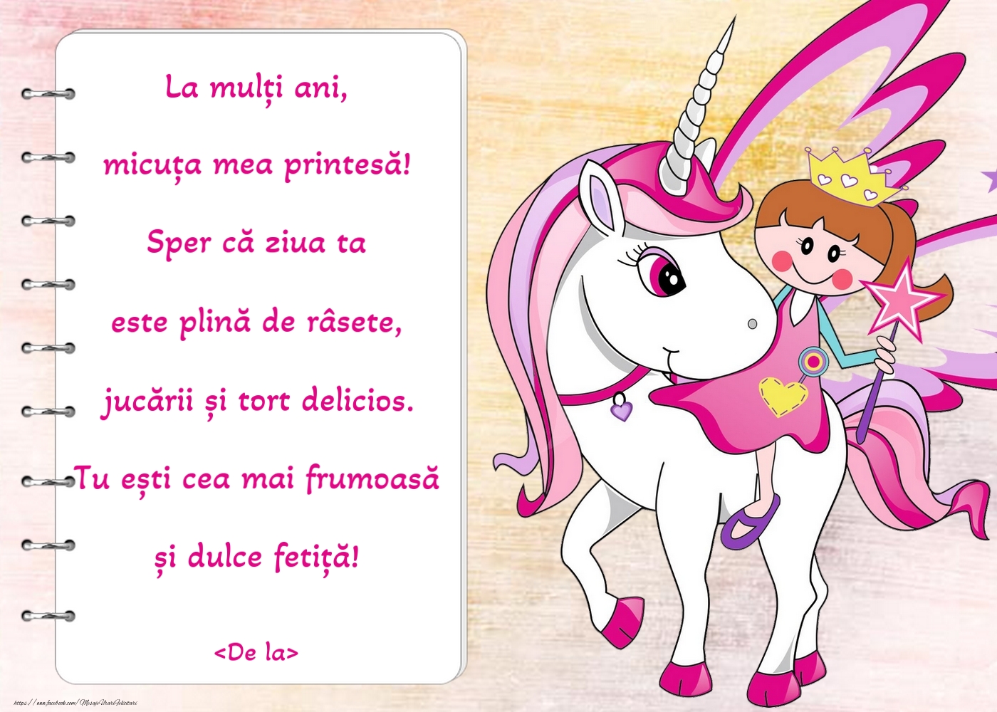 Felicitari personalizate pentru copii - Prințesă și unicorn pe fundal multicolor - model pentru fetițe