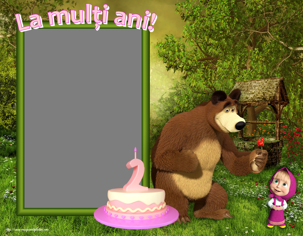 Felicitari personalizate pentru copii - Varsta & 1 Poza & Ramă Foto | La mulți ani! - Rama foto ~ Masha si ursul - Tort 2 ani