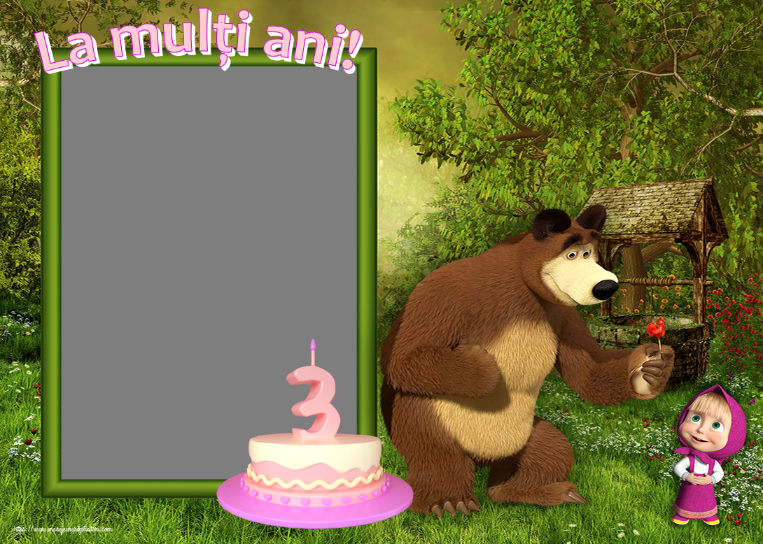 Felicitari personalizate pentru copii - Varsta & 1 Poza & Ramă Foto | La mulți ani! - Rama foto ~ Masha si ursul - Tort 3 ani