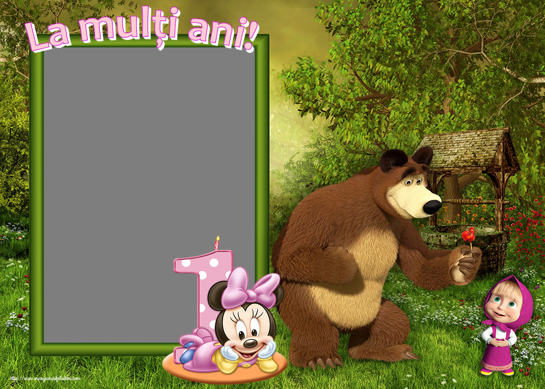 Felicitari personalizate pentru copii - Varsta & 1 Poza & Ramă Foto | La mulți ani! - Rama foto ~ Masha si ursul - Minnie Mouse 1 an