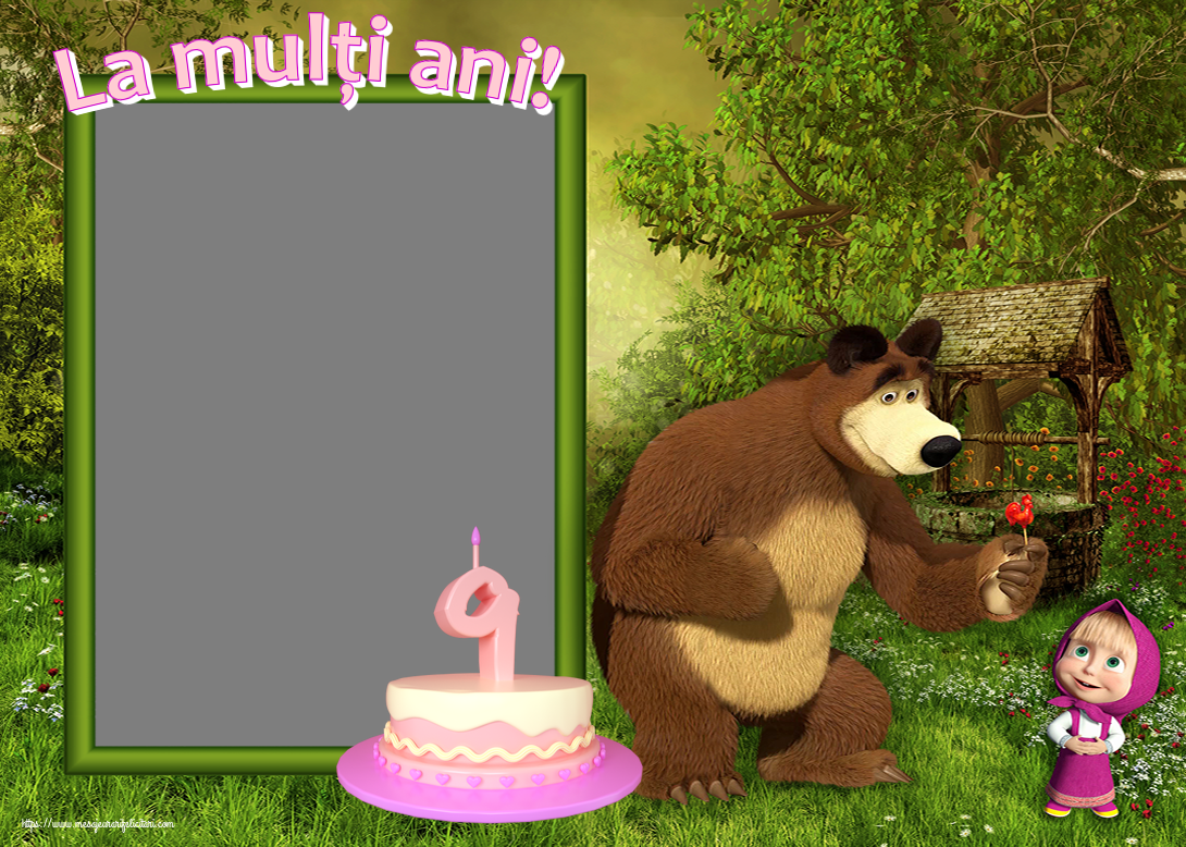 Felicitari personalizate pentru copii - Varsta & 1 Poza & Ramă Foto | La mulți ani! - Rama foto ~ Masha si ursul - Tort 9 ani