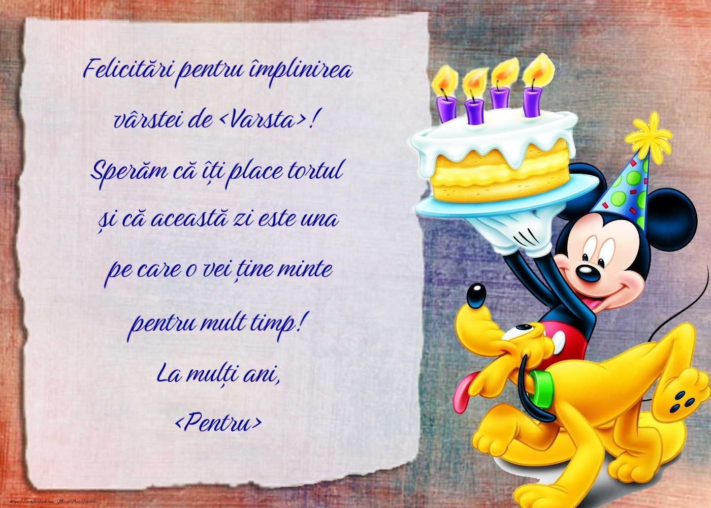 Felicitari personalizate pentru copii - Mickey mouse, Pluto și un tort imens cu lumânări aprinse