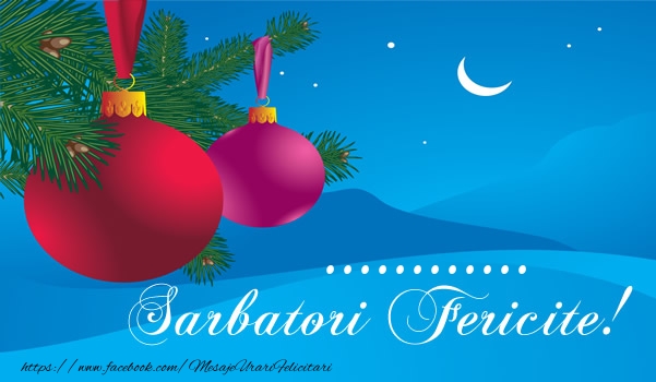 Felicitari personalizate de Craciun - ... Sarbatori fericite! - Brad cu globuri pe fundal cu cer la apus
