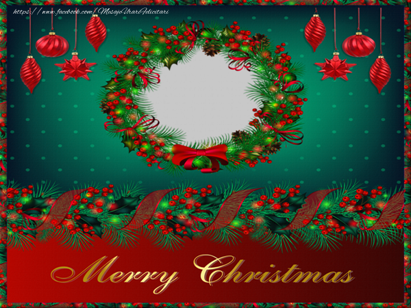 Felicitari personalizate de Craciun - Merry Christmas! - Ramă foto rotundă din crengi de brad pe fundal cu globuri roșii