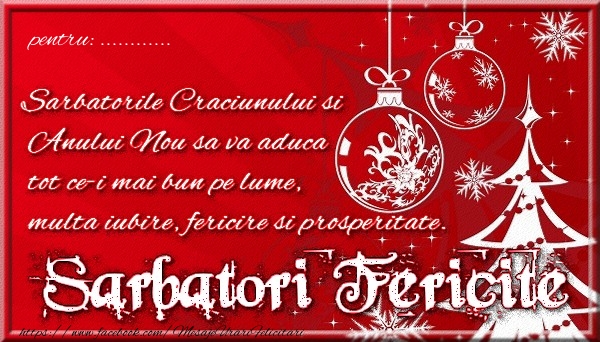 Felicitari personalizate de Craciun - Mesaj de sarbatori pentru ... cu Brazi & Globuri pe fundal rosu