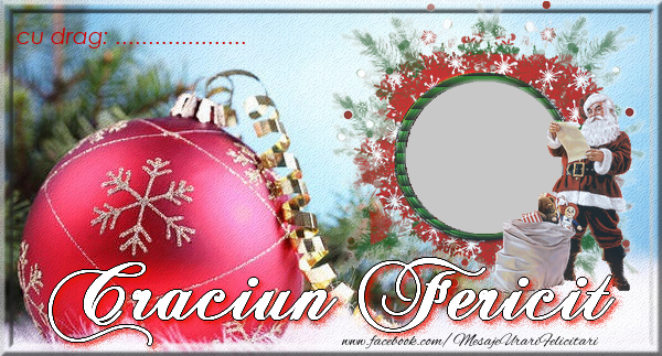 Felicitari personalizate de Craciun - Craciun Fericit ... - Ramă foto circulară pe fundal cu Moș Crăciun și un glob roșu