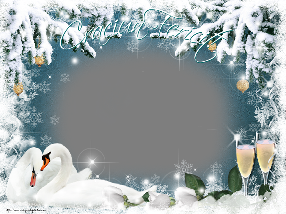 Felicitari personalizate de Craciun - ❄️❄️ Craciun Fericit! - Ramă foto cu peisaj hibernal cu brazi împodobiți cu globuri si zăpadă