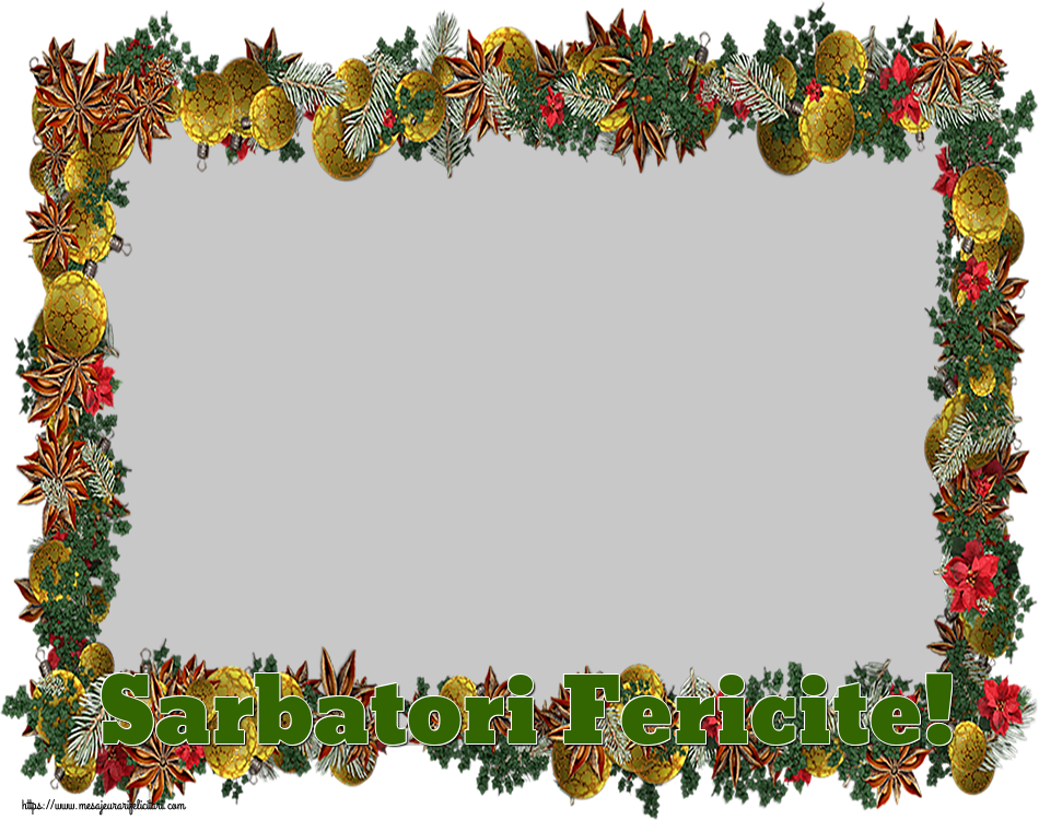 Felicitari personalizate de Craciun - Sarbatori Fericite! - Ramă foto orizontală cu cetina de brad și globuri
