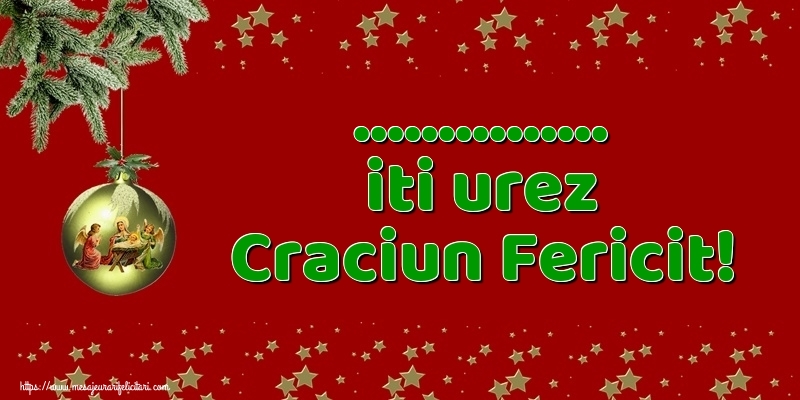 Felicitari personalizate de Craciun - ... iti urez Craciun Fericit! - Glob cu imagine cu nașterea Domnului pe bradul împodobit cu steluțe pe fundal