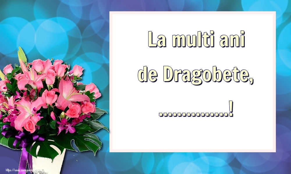 Felicitari personalizate de Dragobete - La multi ani de Dragobete, ...! - vaza cu flori roz pe fundal albastru si chenar alb