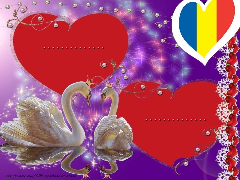 Felicitari personalizate de Dragobete - Inimioare pe fundal cu lebede cu numele îndrăgostiților: Iubește românește!
