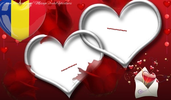 Felicitari personalizate de Dragobete - Inimioare pe fundal rosu cu numele îndrăgostiților: Iubește românește!