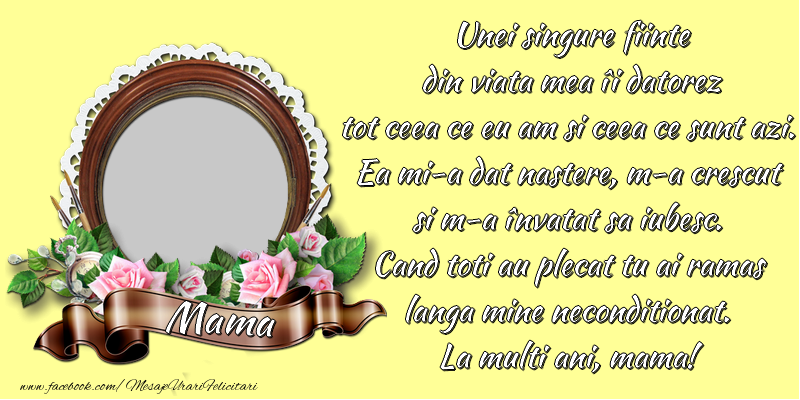 Felicitari personalizate de la multi ani - Unei singure fiinte din viata mea îi datorez tot ceea ce eu am si ceea ce sunt azi.