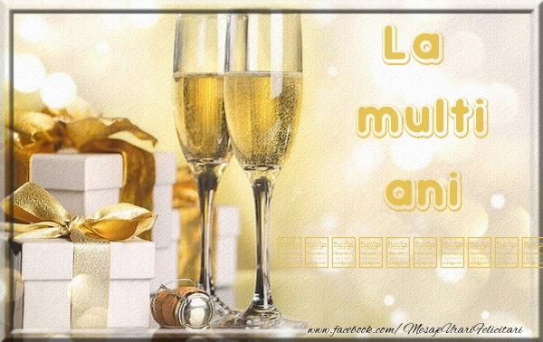 Felicitari personalizate de la multi ani - La multi ani ...! Pahare de șampanie si cadouri in fundal
