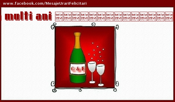Felicitari personalizate de la multi ani - La multi ani ...! Sticlă de șampanie cu doua pahare pe fundal roșu