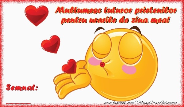 Felicitari personalizate de multumire - Multumesc tuturor prietenilor pentru urarile de ziua numelui meu! semat: ...