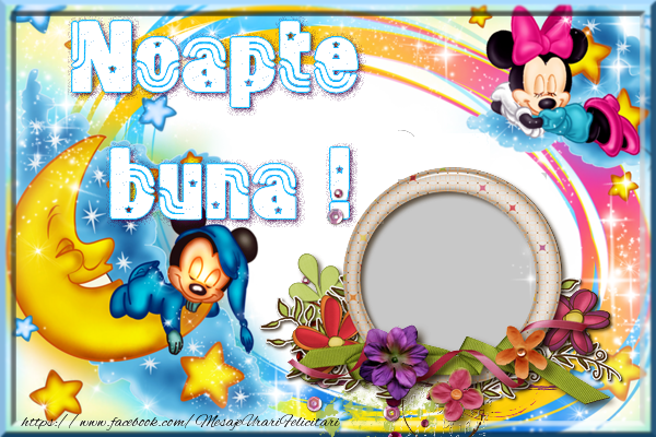 Felicitari personalizate de noapte buna - Noapte buna! - Animație cu Mickey Mouse și Minnie Mouse pe lună și ramă foto rotunda
