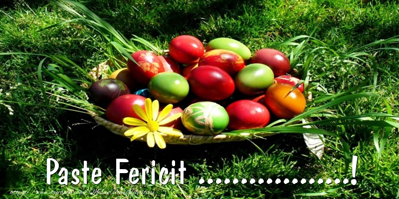 Felicitari personalizate de Paste - Paste Fericit ...! - Coș cu ouă multicolore in iarbă
