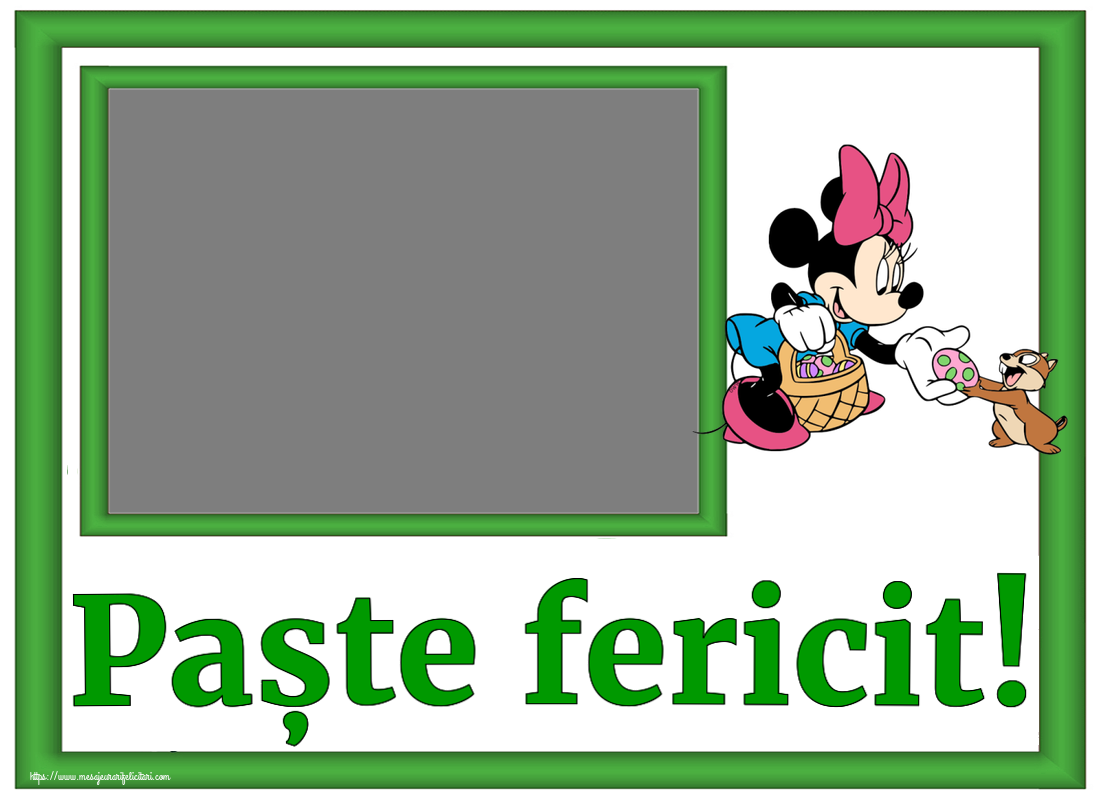 Felicitari personalizate de Paste - Oua & 1 Poza & Ramă Foto | Paște fericit! - Rama foto ~ Minnie Mouse și veverița cu un coș de ouă