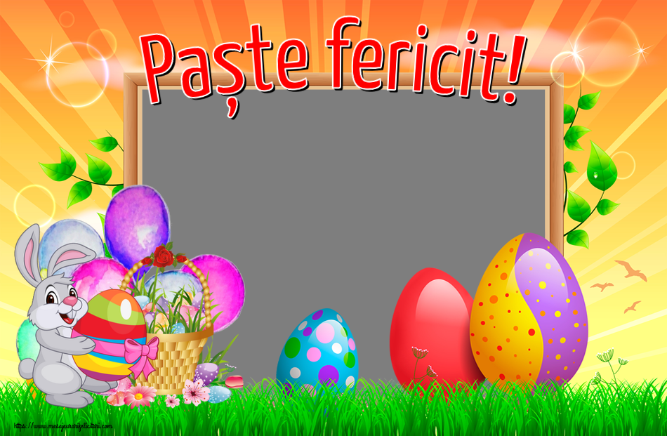 Felicitari personalizate de Paste - Paște fericit! - Rama foto ~ aranjament cu iepuraș și coș de ouă