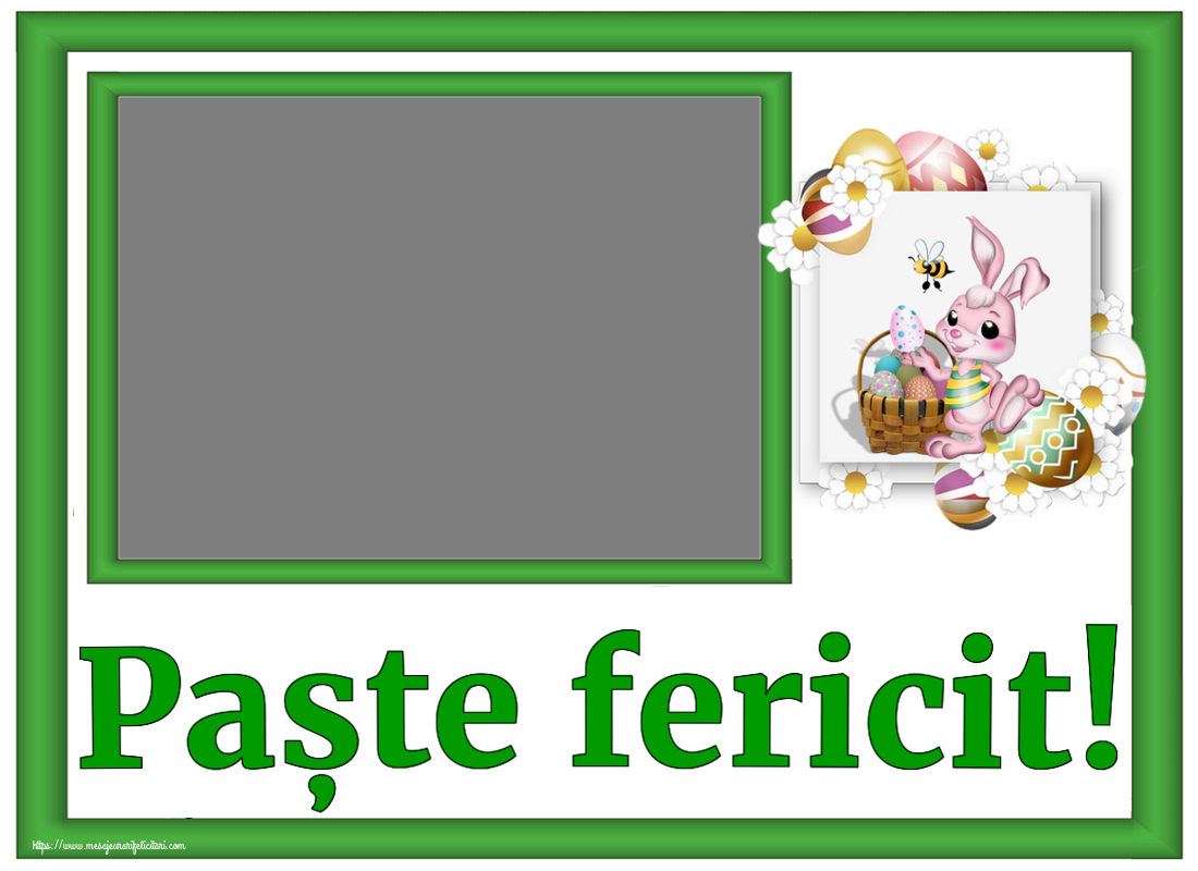 Felicitari personalizate de Paste - Iepuras & 1 Poza & Ramă Foto | Paște fericit! - Rama foto ~ aranjament cu iepuraș, ouă și flori