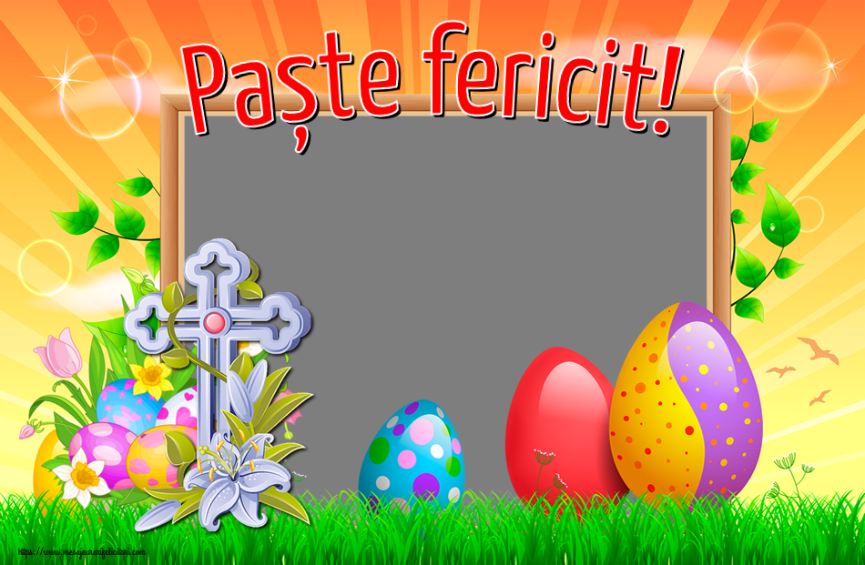 Felicitari personalizate de Paste - Paște fericit! - Rama foto ~ aranjament cu ouă, flori și cruce