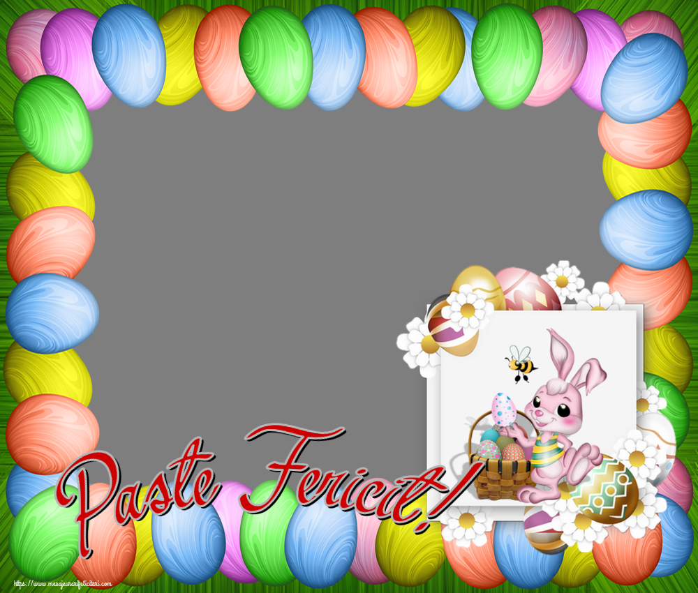 Felicitari personalizate de Paste - 1 Poza & Iepuras & Ramă Foto | Paste Fericit! - Rama foto cu aranjament cu iepuraș, ouă și flori