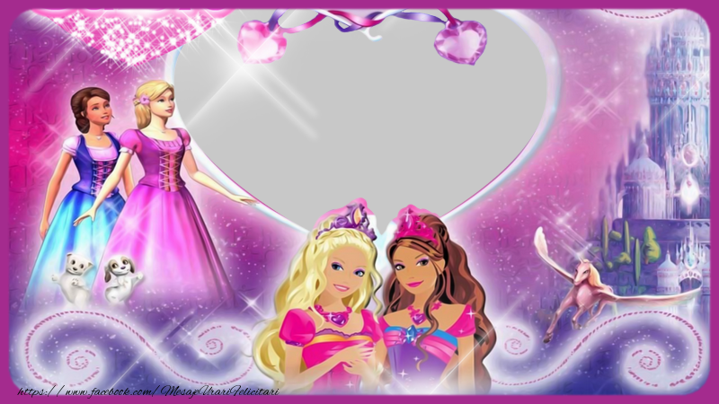 Felicitari personalizate cu poza ta - Rama foto  - Barbie - Ramă in forma de inimă cu prințese pe fundal