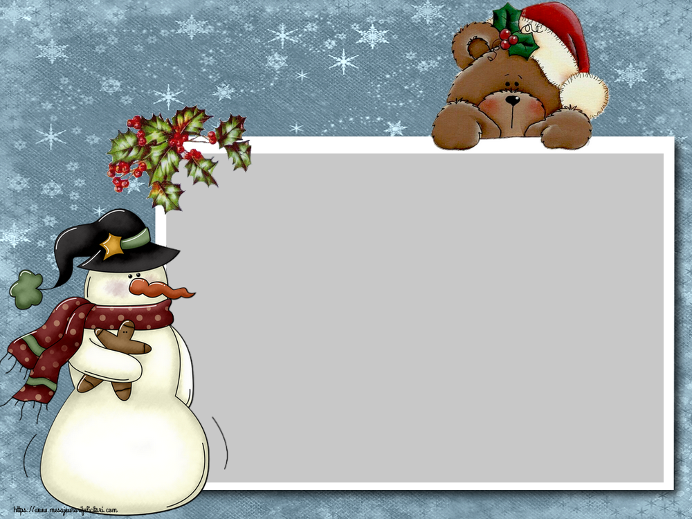 Felicitari personalizate cu poza ta - Rama foto cu omul de zăpadă si ursuleț in costum de moș crăciun