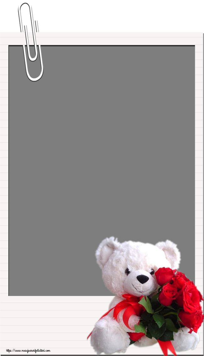 Felicitari personalizate cu poza ta - Rama foto cu ursuleț si buchet de trandafiri roșii