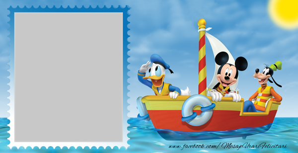 Felicitari personalizate cu poza ta - Mickey Mouse si prietenii - Ramă foto verticală pe fundal cu marea și o barcă