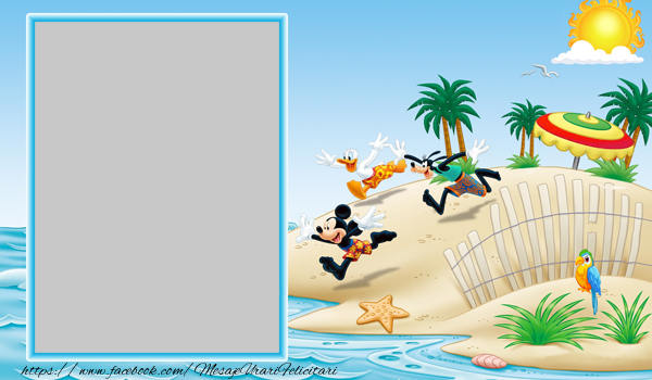 Felicitari personalizate cu poza ta - Mickey Mouse la plaja - Ramă foto tip portret, fundal cu desene animate pe plajă