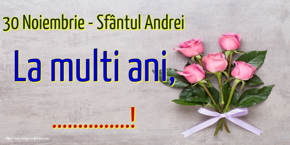 Felicitari personalizate de Sfantul Andrei - 30 Noiembrie - Sfântul Andrei La multi ani, ...! - Cinci trandafiri roz legați cu fundă