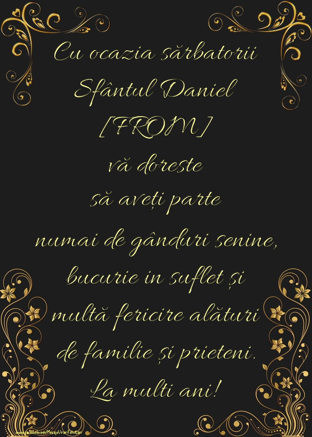 Felicitari personalizate de Sfantul Daniel - Urare de Sfântul Daniel din partea familiei. Model vertical cu rama foto si flori