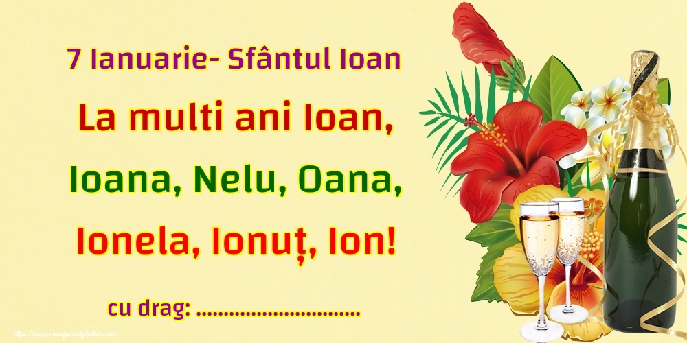 Felicitari personalizate de Sfantul Ioan - 7 Ianuarie- Sfântul Ioan La multi ani Ioan, Ioana, Nelu, Oana, Ionela, Ionuț, Ion! ...