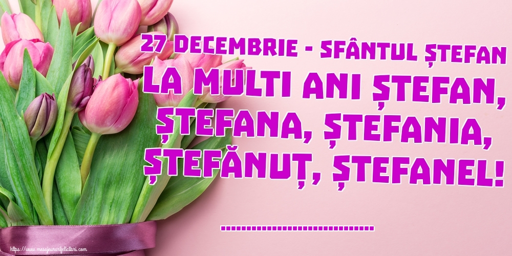 Felicitari personalizate de Sfantul Stefan - 27 Decembrie - Sfântul Ștefan La multi ani Ștefan, Ștefana, Ștefania, Ștefănuț, Ștefanel! ... - garoafe roz si mov